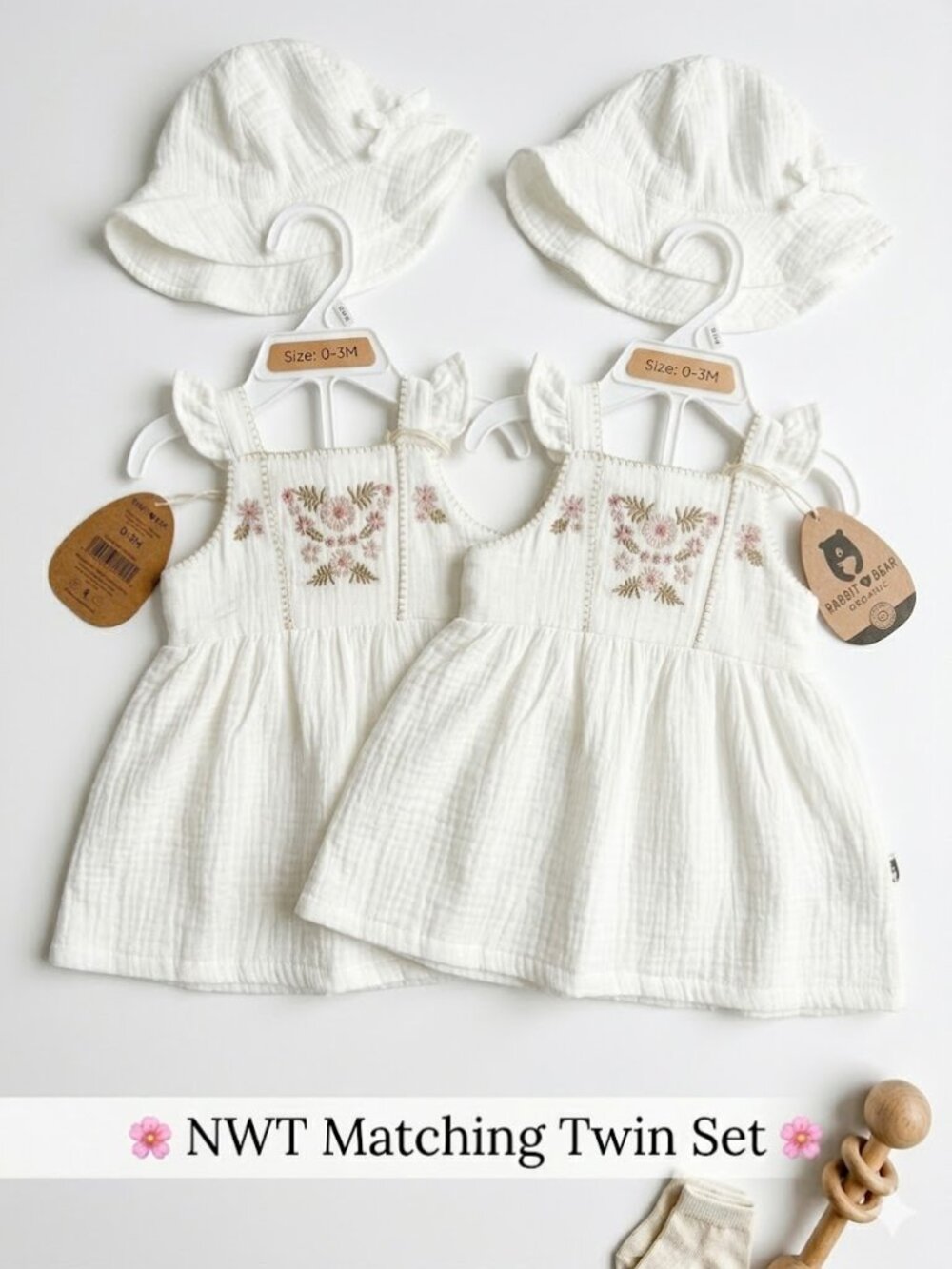 NWT Twin Set - Infant White Embroidered Sundress with Matching Hat + Bloomers